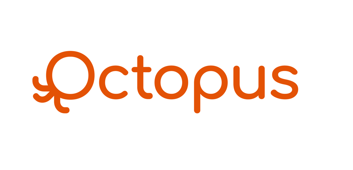 The word Octopus in orange against a white background. The letter O is capitalised and has three octopus legs on the bottom left hand side. 