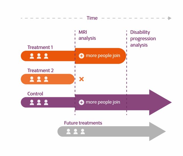 Image of a diagram showing different coloured arrows representing arms of Octopus trial. In the middle of the figure there is a vertical line that divides the figure in half.  The left half says 'Analysis Stage 1' and the right half says 'Analysis Stage 2'. Not all the arrows continue past Analysis Stage 1. One arrow only begins half way through Analysis Stage 1.