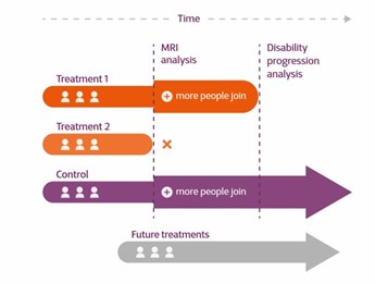 Image of a diagram showing different coloured arrows representing arms of Octopus trial. In the middle of the figure there is a vertical line that divides the figure in half.  The left half says 'Analysis Stage 1' and the right half says 'Analysis Stage 2'. Not all the arrows continue past Analysis Stage 1. One arrow only begins half way through Analysis Stage 1.