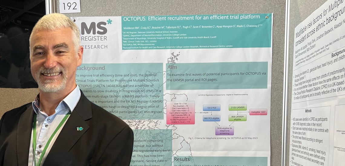 Image of Rod Middleton (Associate professor in disease registers and data research, health data science) standing next to his poster at the Association of British Neurologist and Irish Institute of Clinical Neuroscience meeting