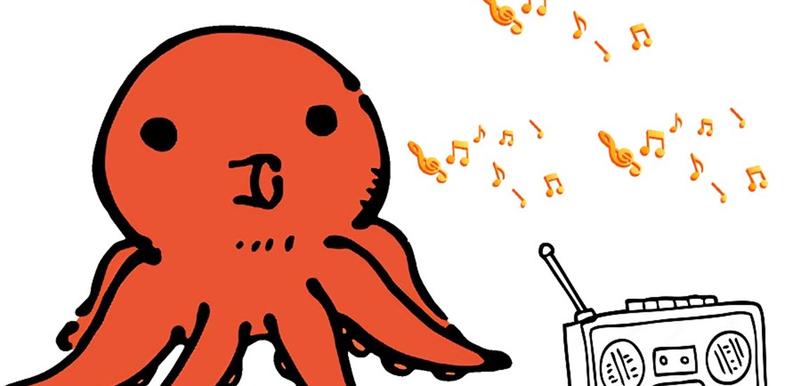 Cartoon of orange octopus, with orange music notes next to a cartoon radio
