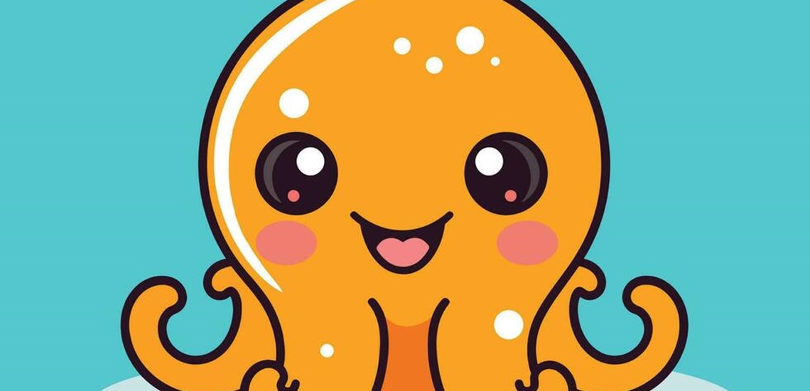 Cute cartoon orange octopus against a light blue background