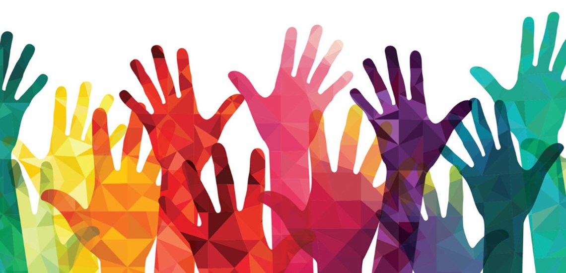 Drawing of multicoloured hands reaching up.