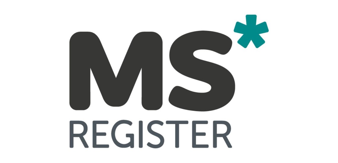 Image of MS Register logo in grey with green asterisk
